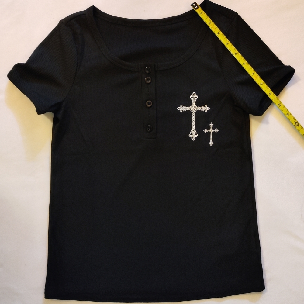 SHEIN Black Short Sleeve Tee with Cross Design NWOT - Picture 2 of 7